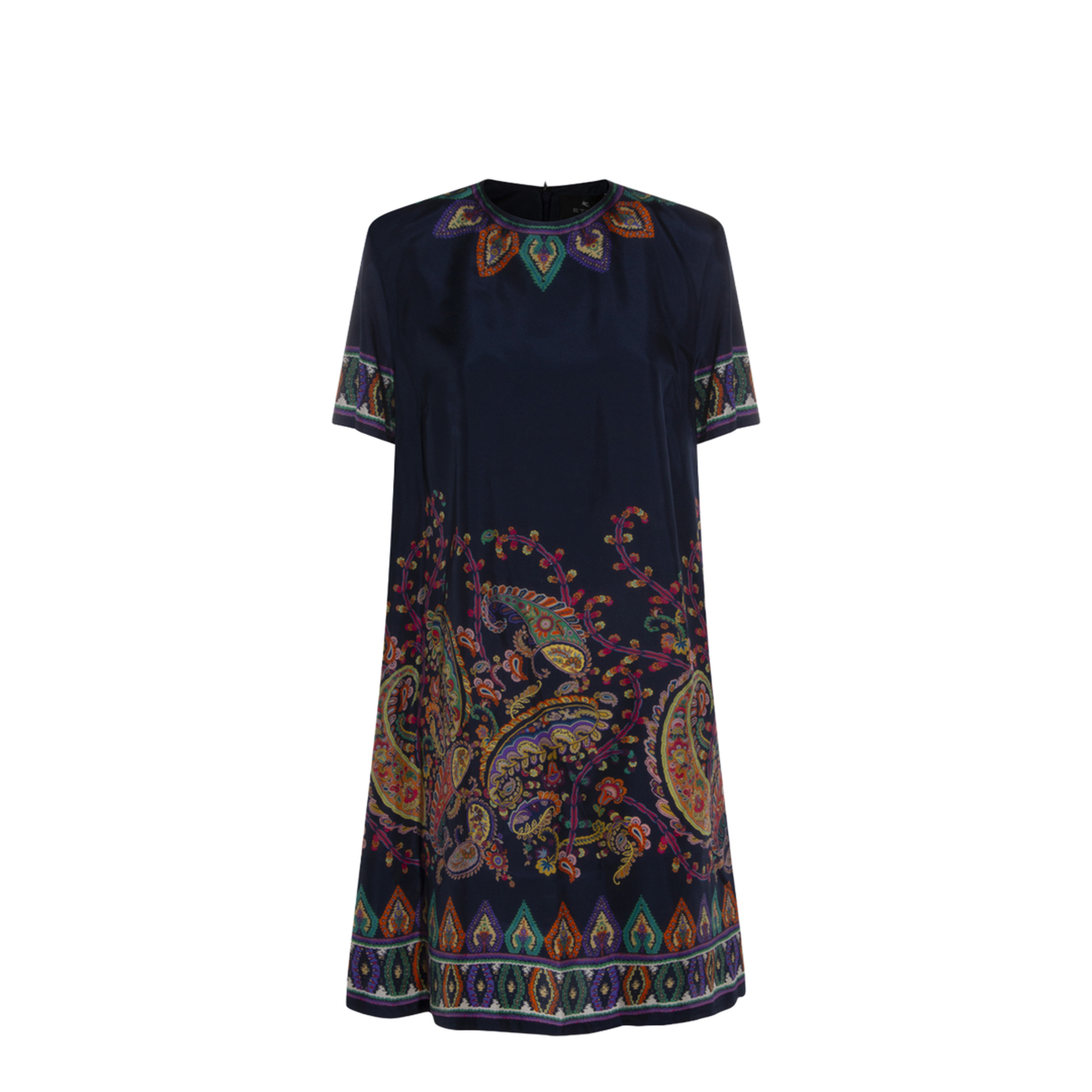 Blue Paisley-print Habotai Silk Tunic Short Dress