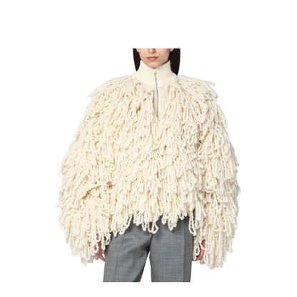 White Wool Bomber Jacket with Fringes