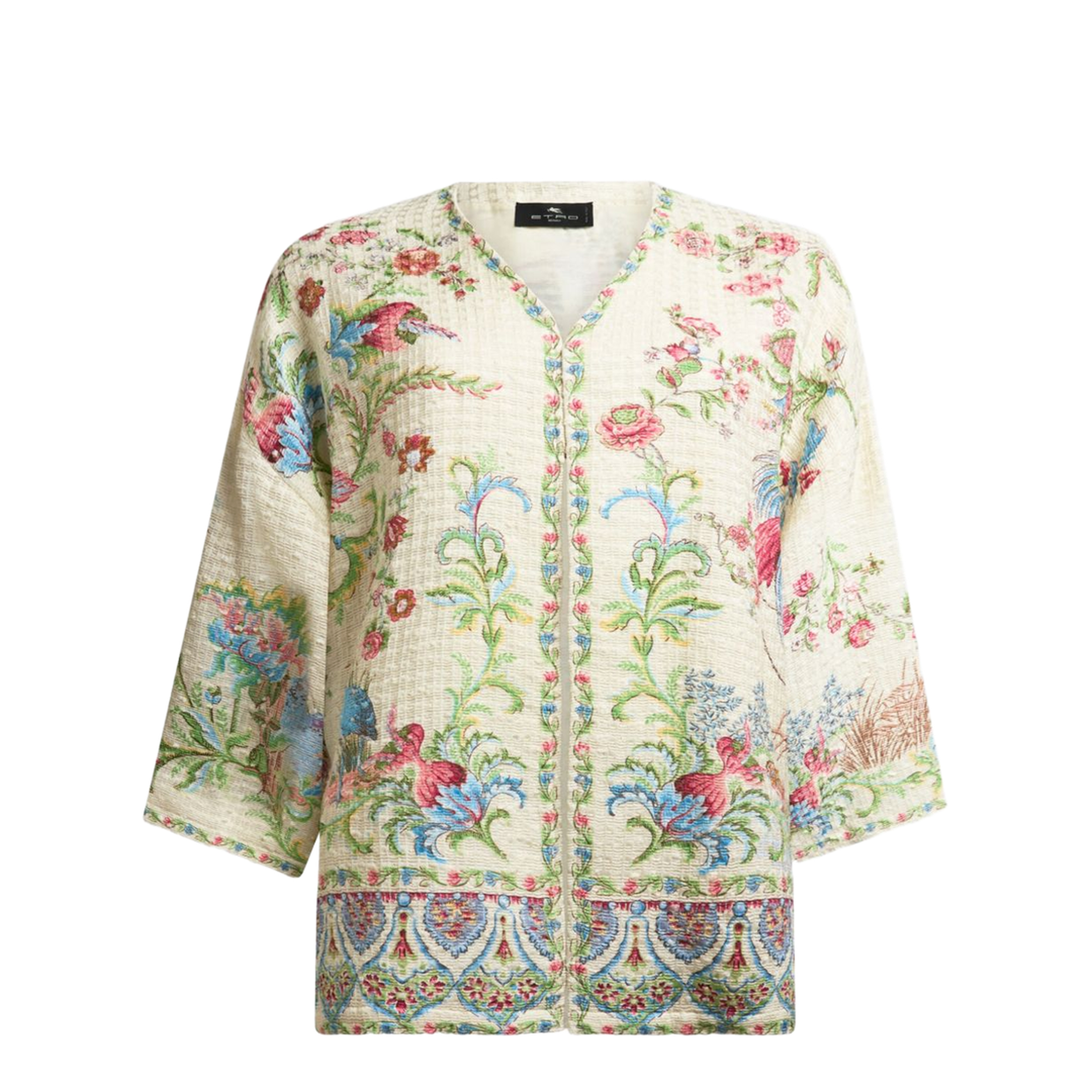 Cotton-Blend Basketweave Kesa with Flora and Fauna Motif