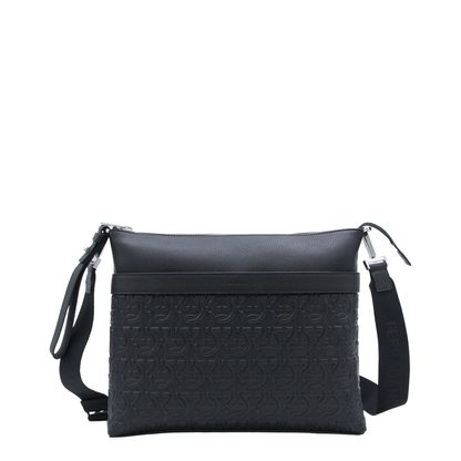Gancini Messenger Bag In Embossed Leather - Black