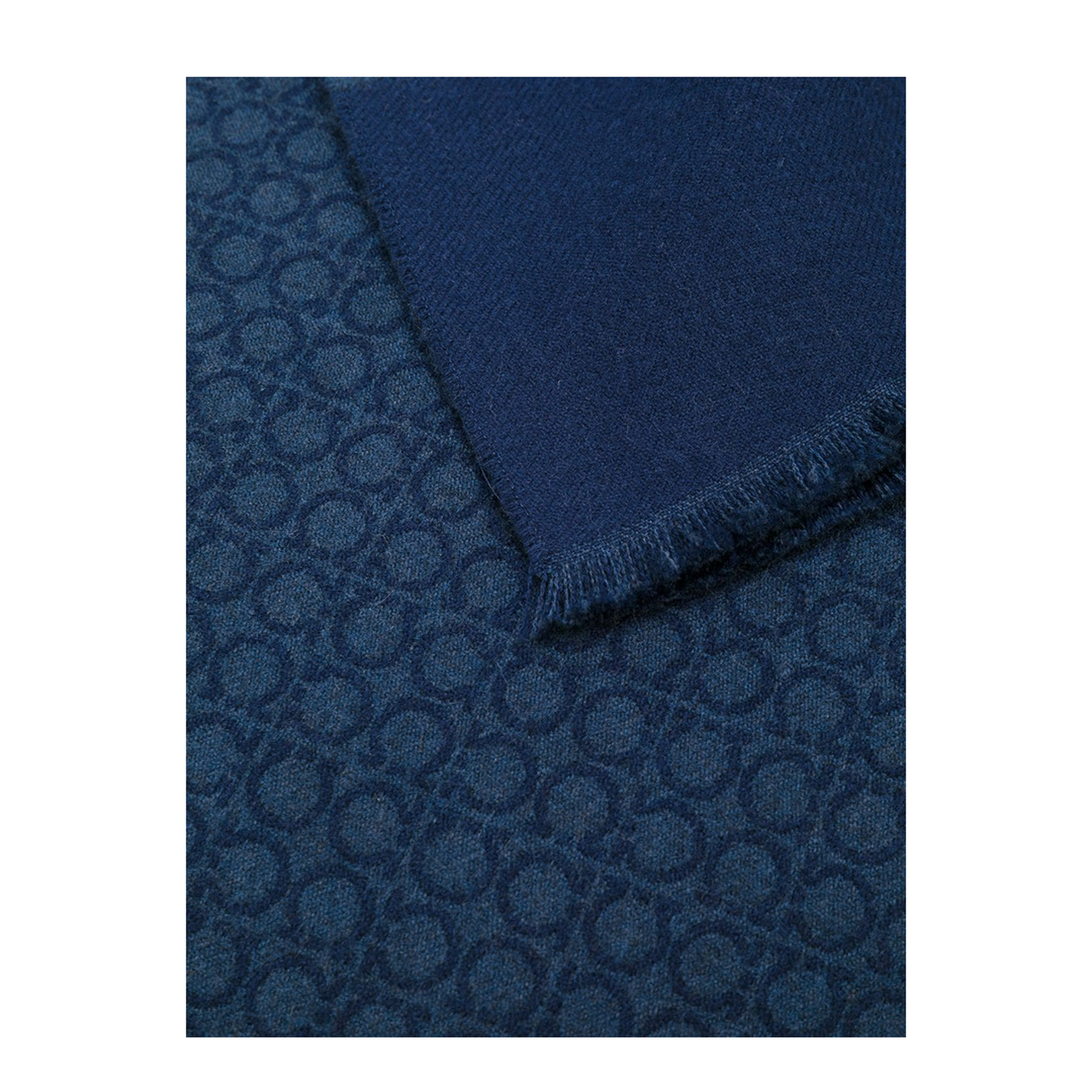 Navy Blue Wool Gancini Print Fringed Edge Rectangle Wraparound Scarf