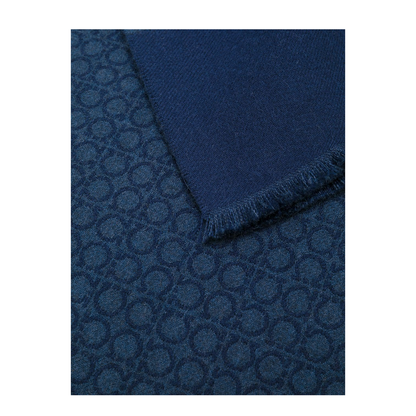 Navy Blue Wool Gancini Print Fringed Edge Rectangle Wraparound Scarf