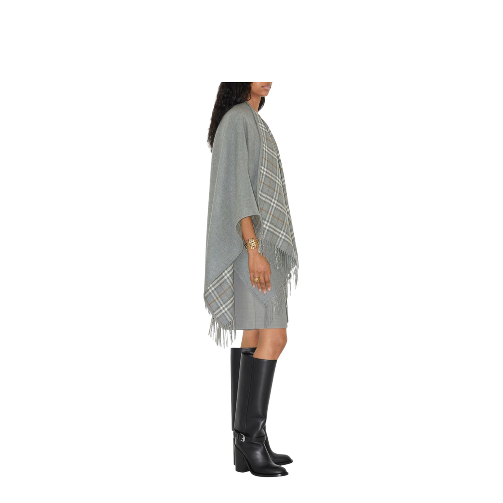 Check Wool Cape Jacket - Grey