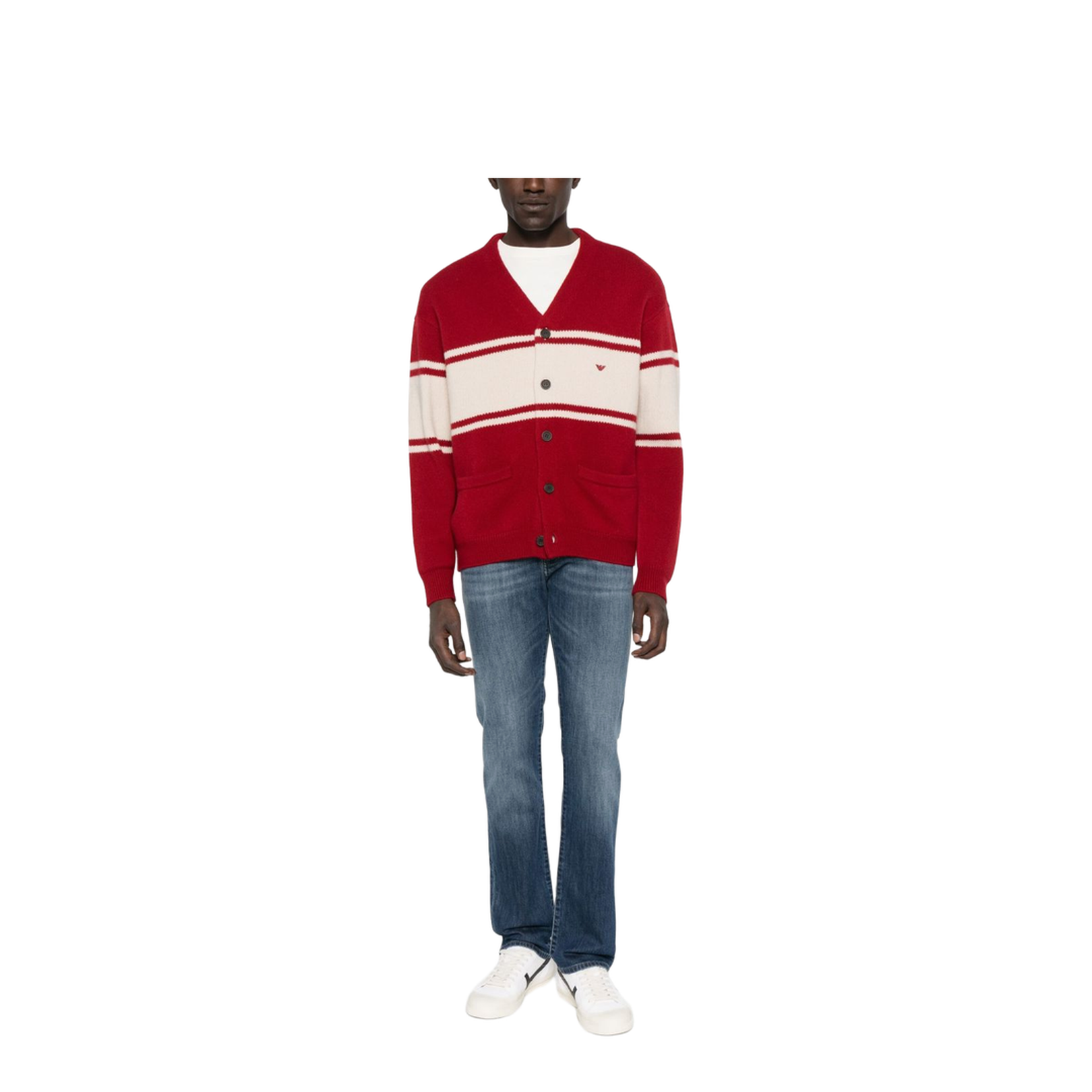 Red Horizontal Stripes Button Fastening V-Neck Patch Pocket Embroidered Logo