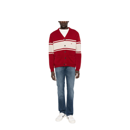 Red Horizontal Stripes Button Fastening V-Neck Patch Pocket Embroidered Logo