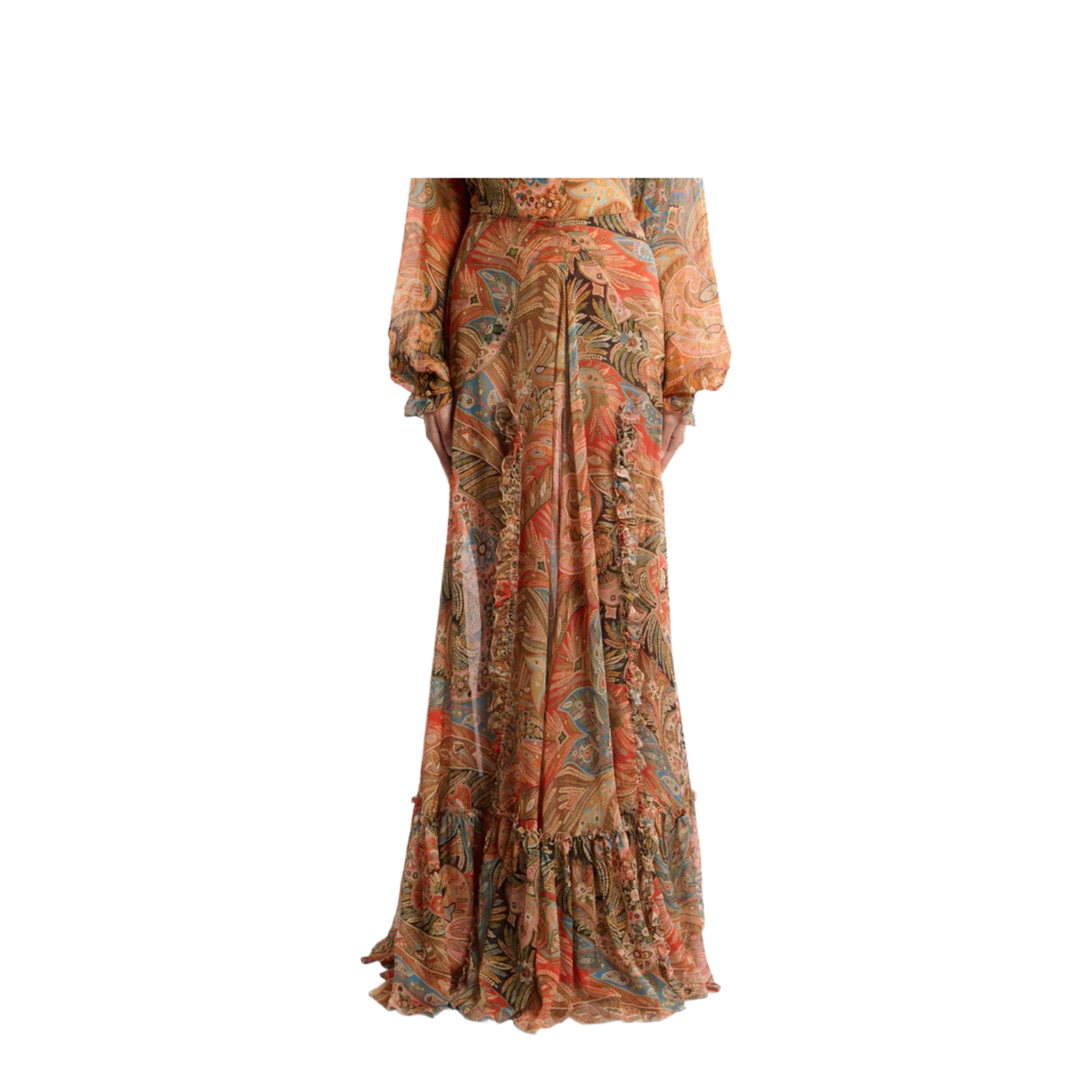 Silk Maxi Skirt with Flounce and Paisley Motif