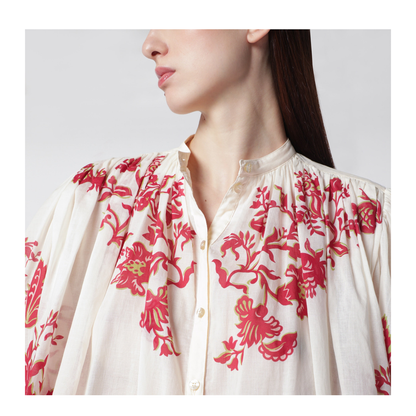 Flower-Print Pleated Cotton Blouse