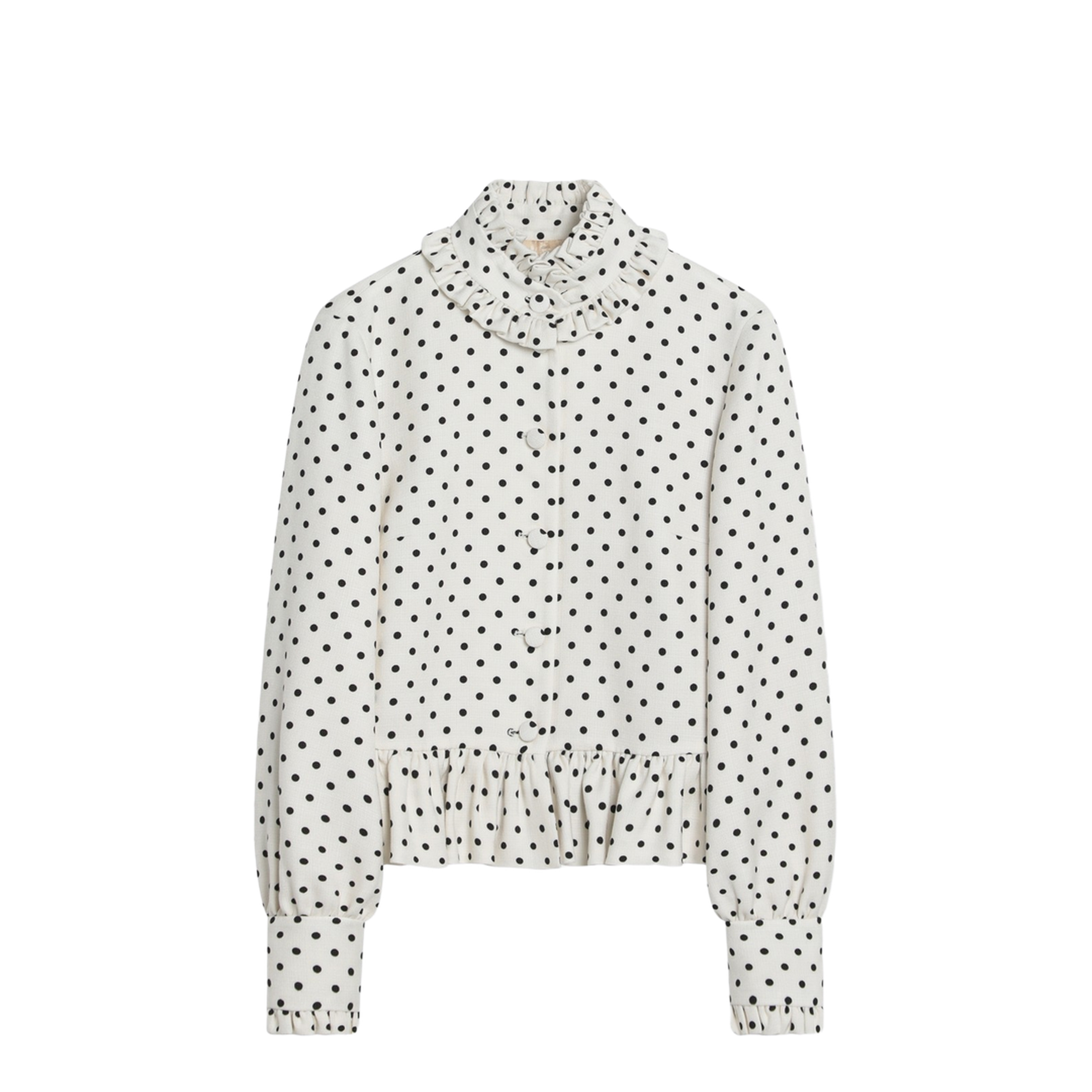 White Single-Breasted Jacket with Black Polka Dots