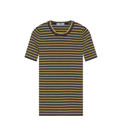 Navy Yellow Striped Stretch Cotton T-Shirt