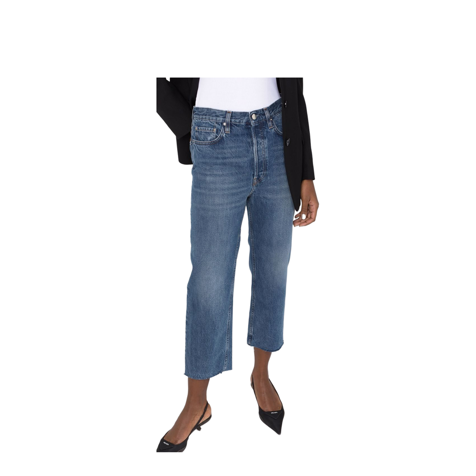 Blue Cotton Cropped Straight-Leg Jeans