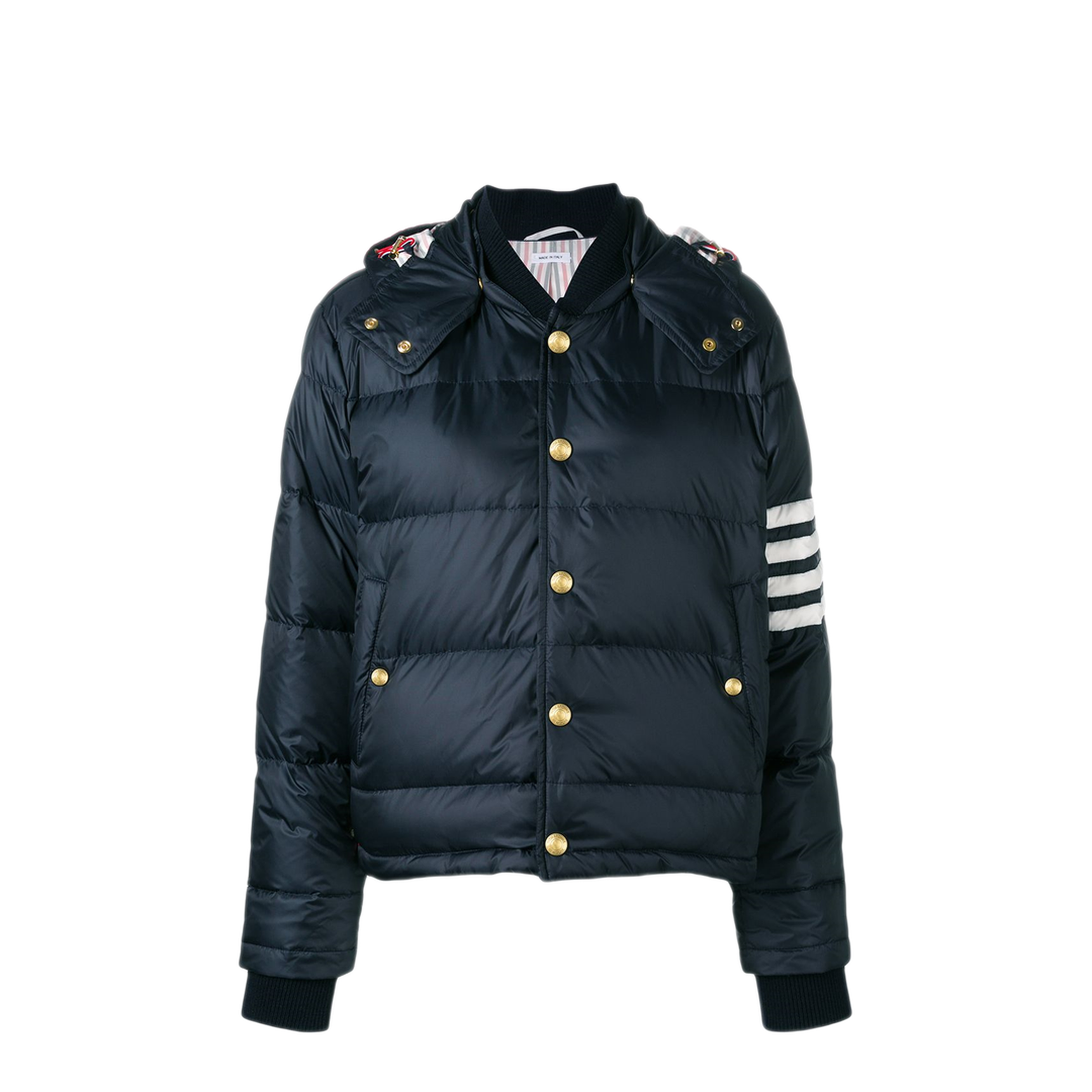 MAYFEYR - Thom Browne - Downfilled Snap Front Detachable Hood Bomber With 4Bar In Matte Finish Nylon - MJD061X05411415