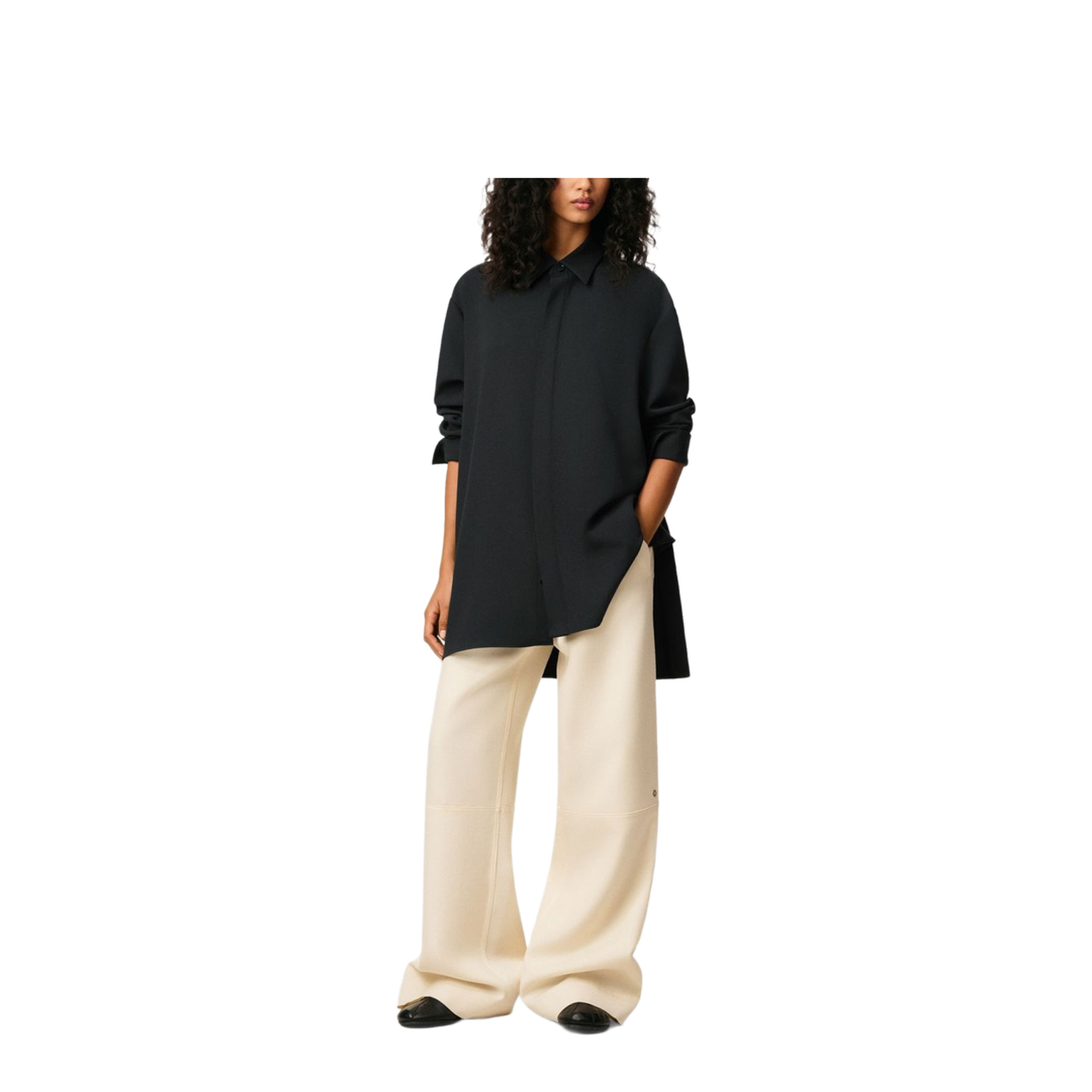Anthracite Black Wool Long Oversized Side Slits Shirt