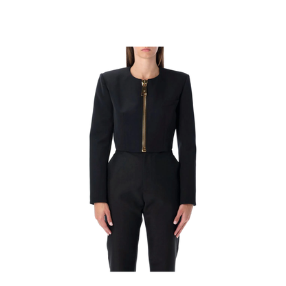Cropped Black Wool Jacket With Gold Zip