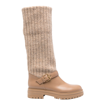 Desert Beige Calf Leather Panelled Design Slip-on Boots