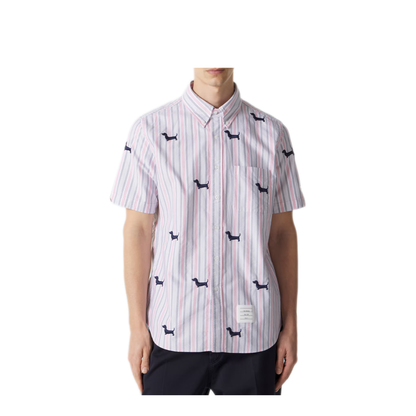 MAYFEYR - Thom Browne - Straight Fit Bd S/S Shirt With Satin Stitch Half Drop Hector In 4 Bar Repp Stripe Oxford - MWS239EE1489960