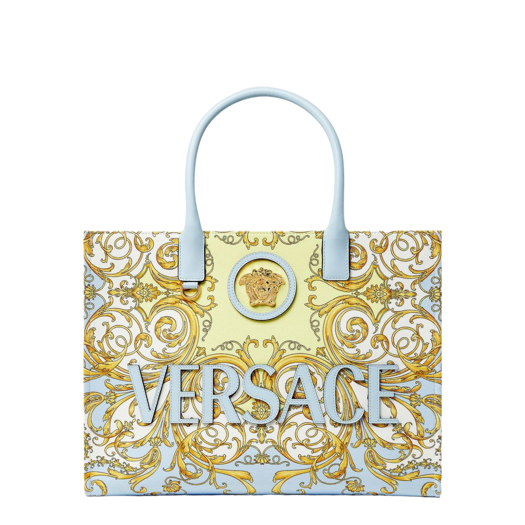 La Medusa Printed Large Canvas Tote - Light Blue+Gold