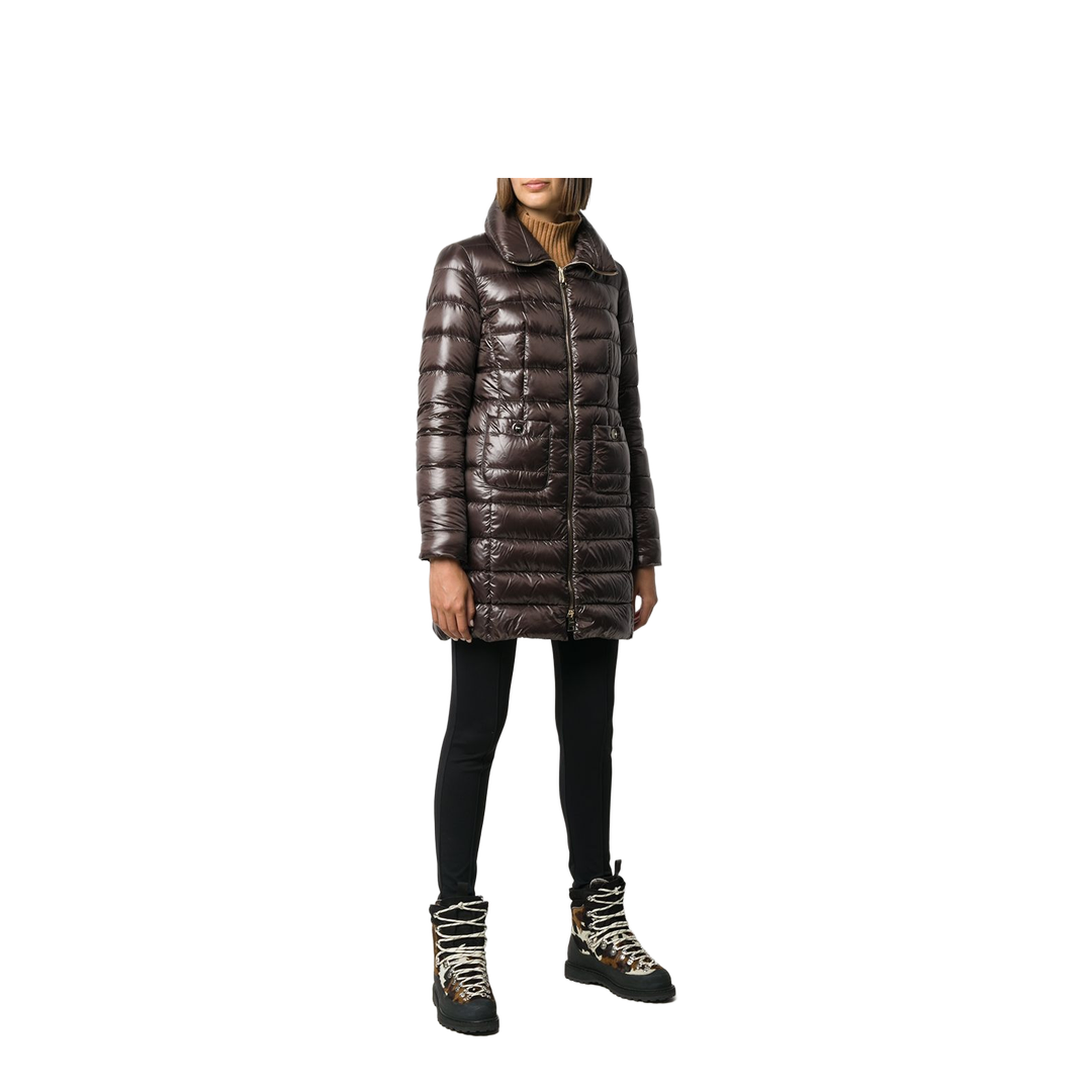 Quilted Goose Down Midi Jacket Brown