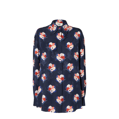 Dark Blue Satin Shirt with Floral Print