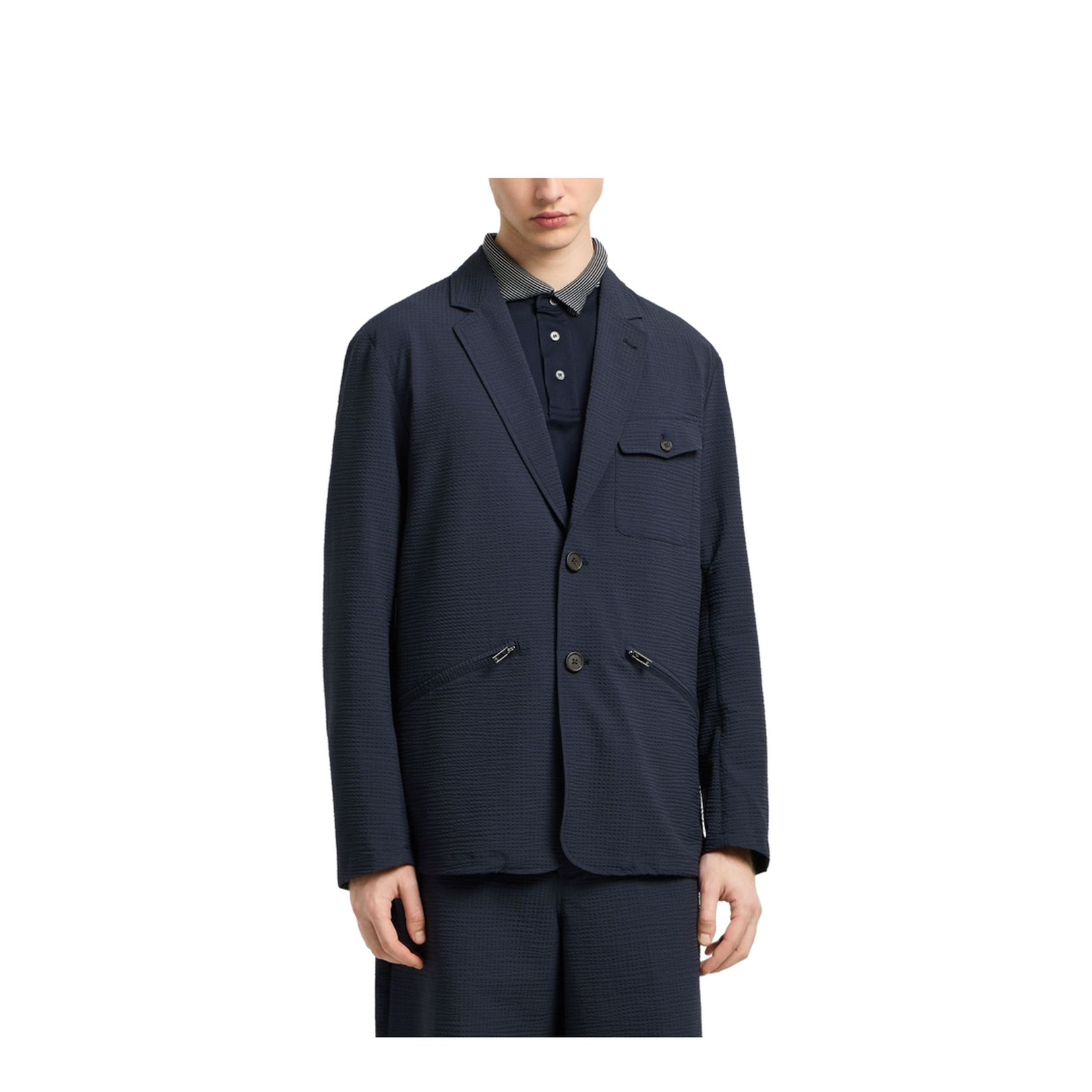 Navy Blue Textured Weave Two Button Jacket
