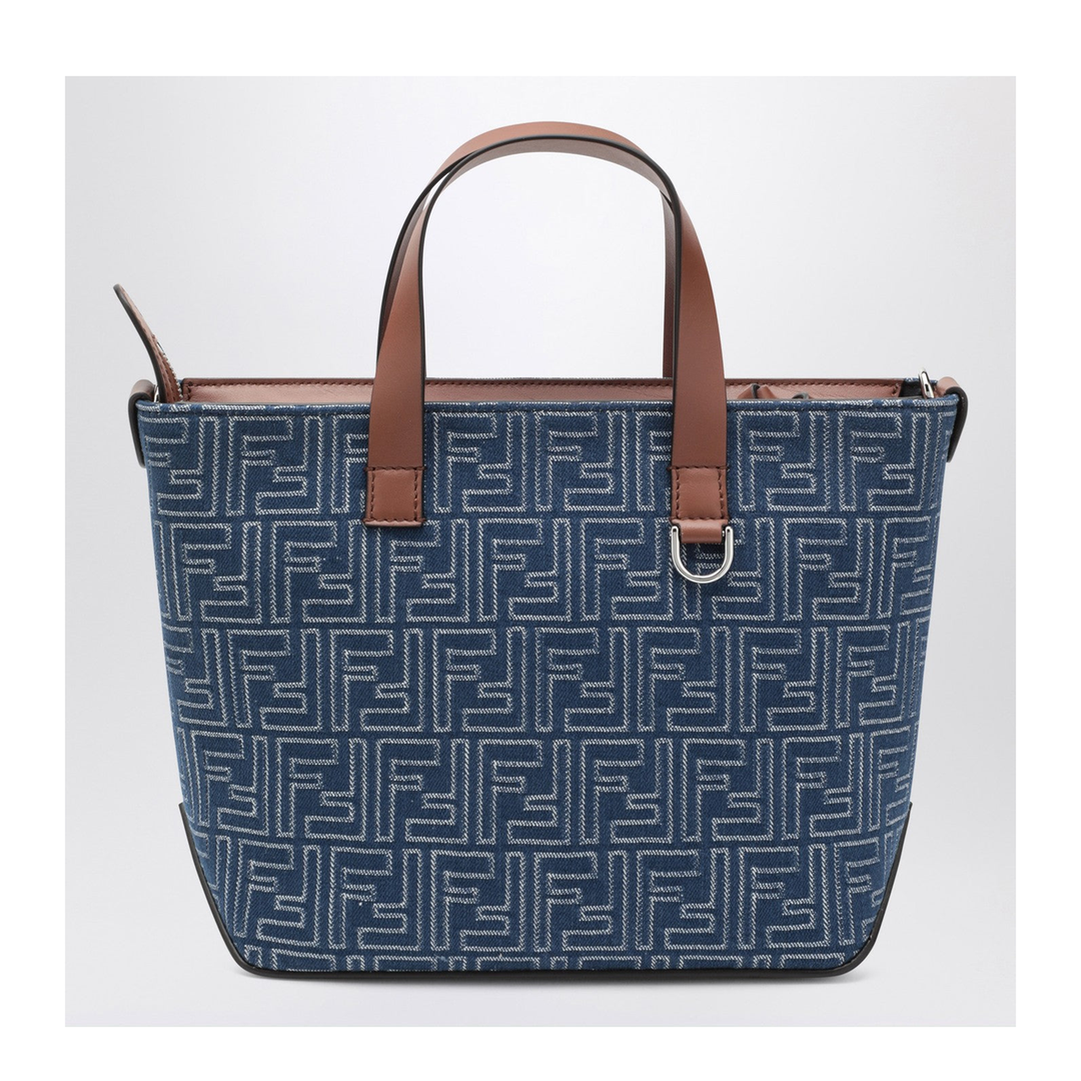 FF Leather Denim Effect FF Jacquard Blue And Brown Small Shopping Bag