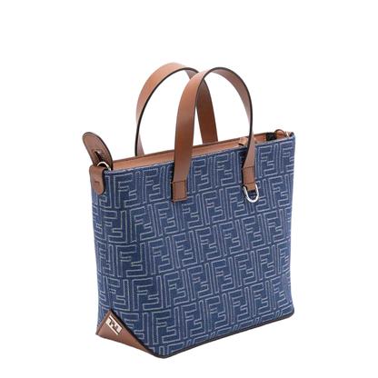 FF Leather Denim Effect FF Jacquard Blue And Brown Small Shopping Bag