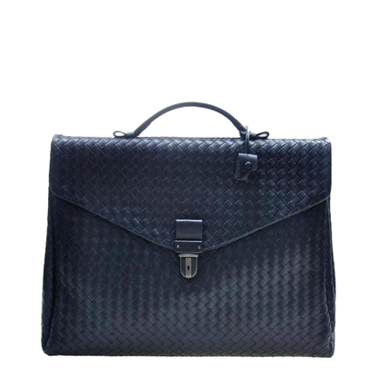 Intrecciato Leather Briefcase - Navy blue