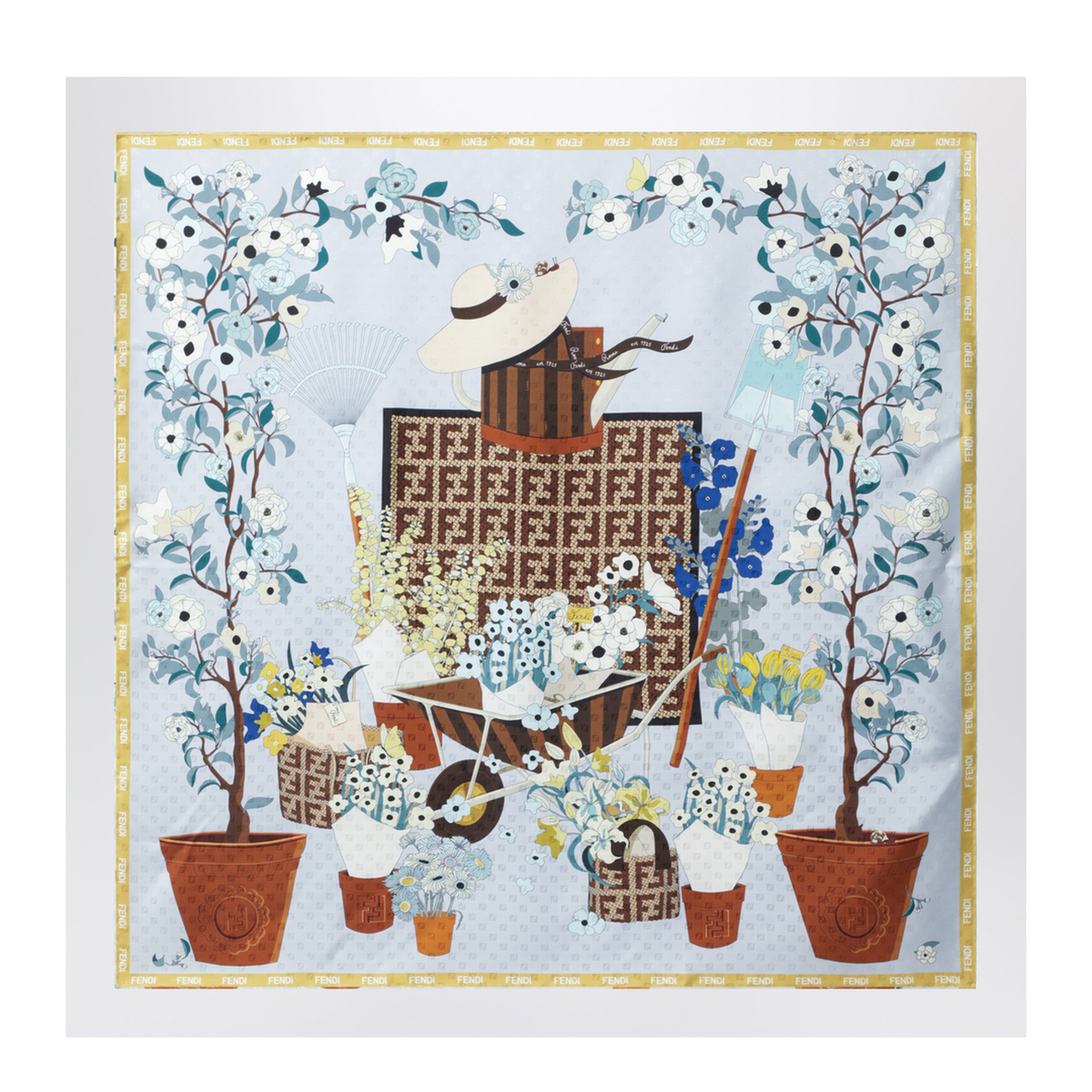 Gardening Light Blue Multicoloured Silk Foulard