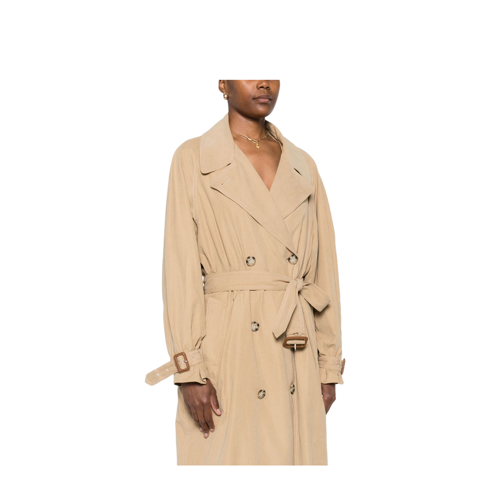 Beige Double-Breasted Closure Belted Waist Long Sleeves Coat