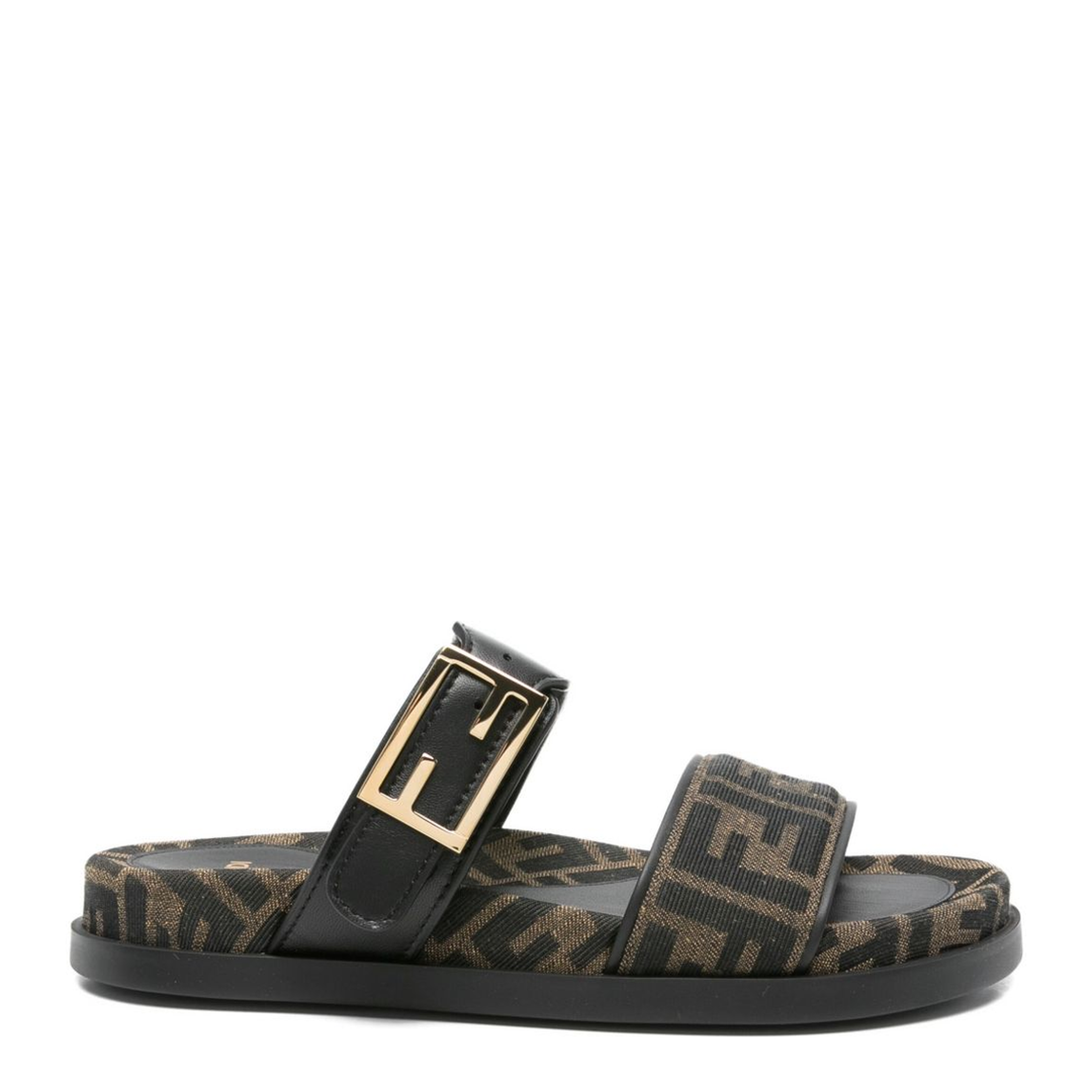 Black FF-Logo Pattern Double Strap Design Buckle Detail Flat Sole Leather Trim