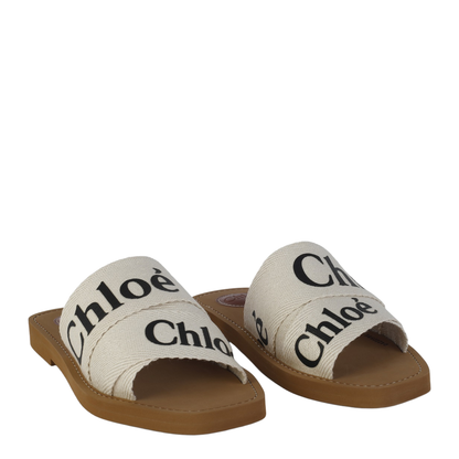 White Linen All-Over Logo Print Low Stacked Heel