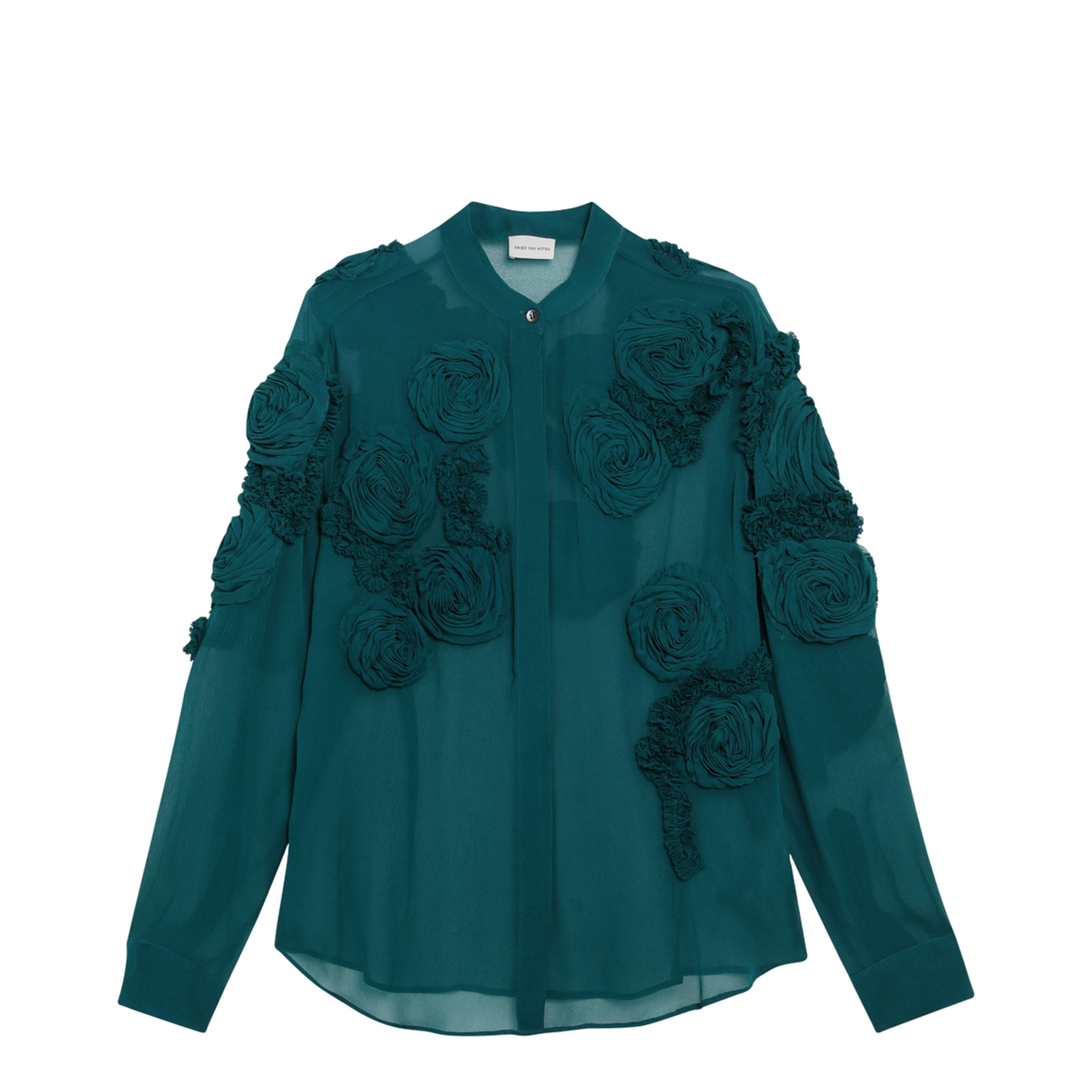 MAYFEYR - Dries Van Noten - Petrol Green Shirt With Raised Rose Details - 107623376508