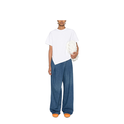 White Cotton Jersey Texture Crew Neck Signature Embroidered Anagram Motif Drop Shoulder Short Sleeves Straight Hem