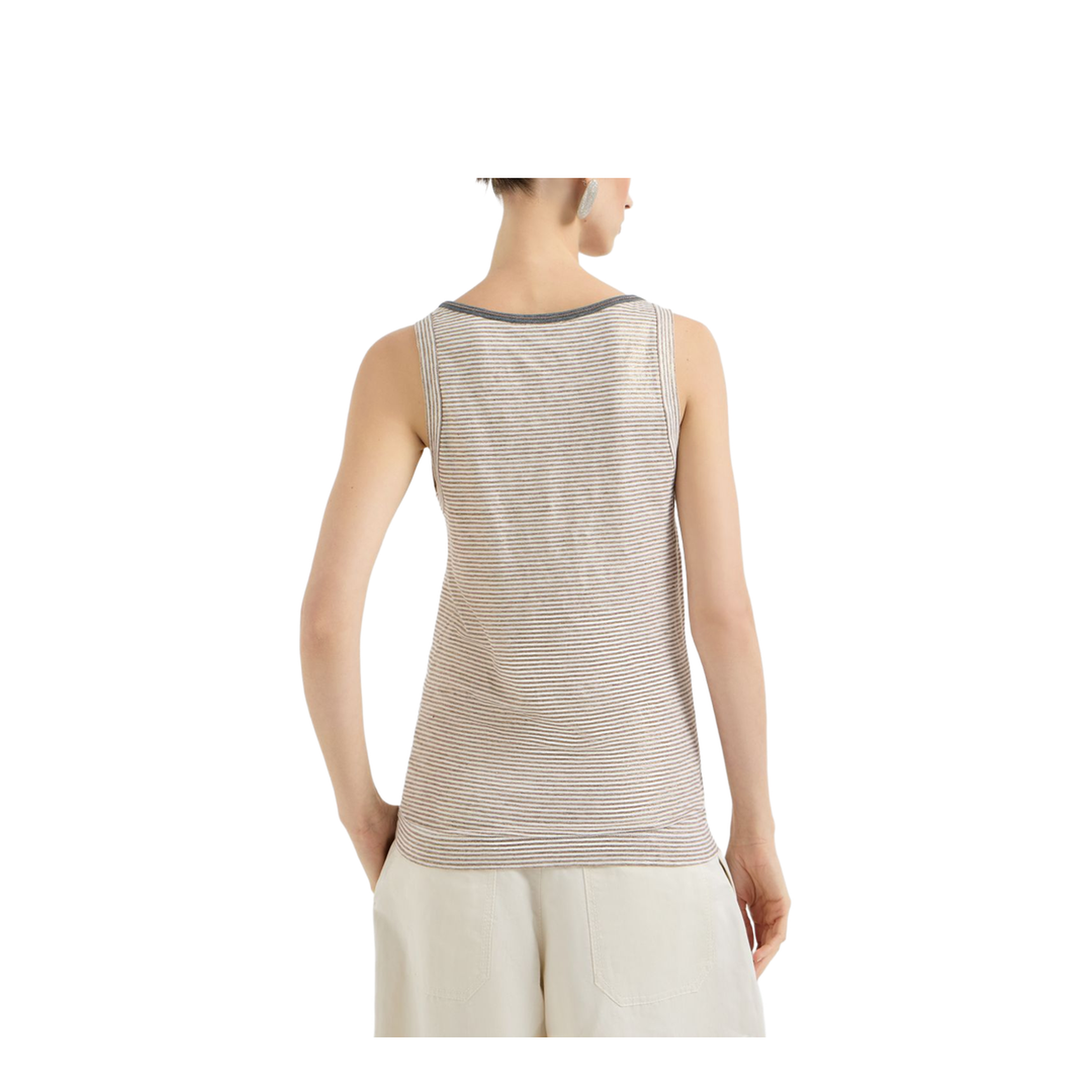 Linen Striped Crew Neck Top with Contrasting Trim and Necklace