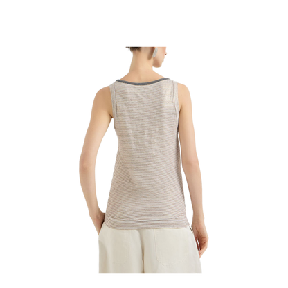 Linen Striped Crew Neck Top with Contrasting Trim and Necklace
