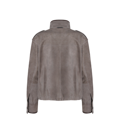 Faded Green Jacket With High Neck And Front Patch Pockets In Suede