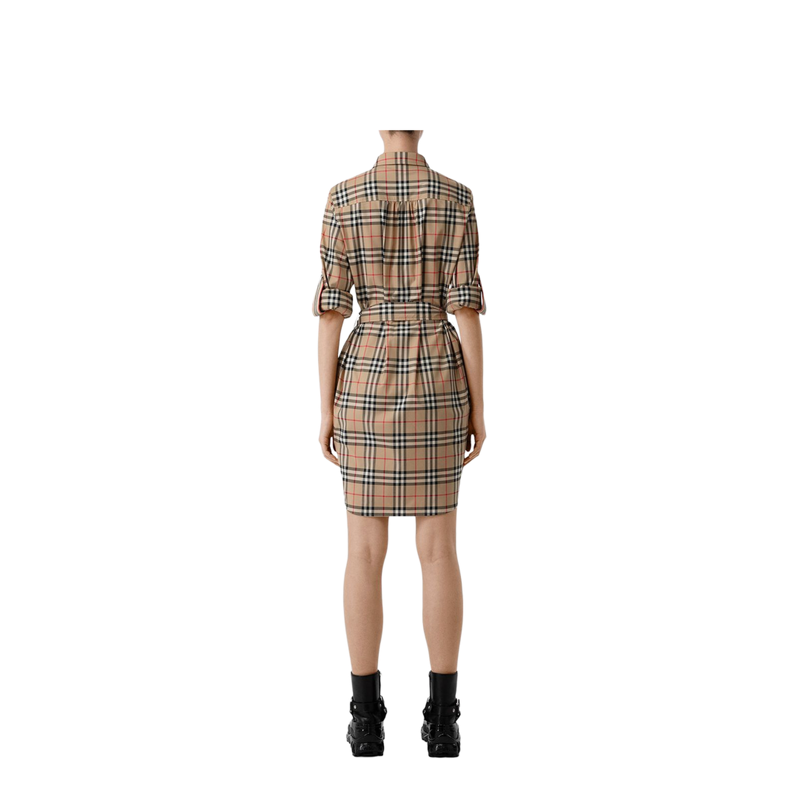 Beige Check Motif Cotton Shirt Dress