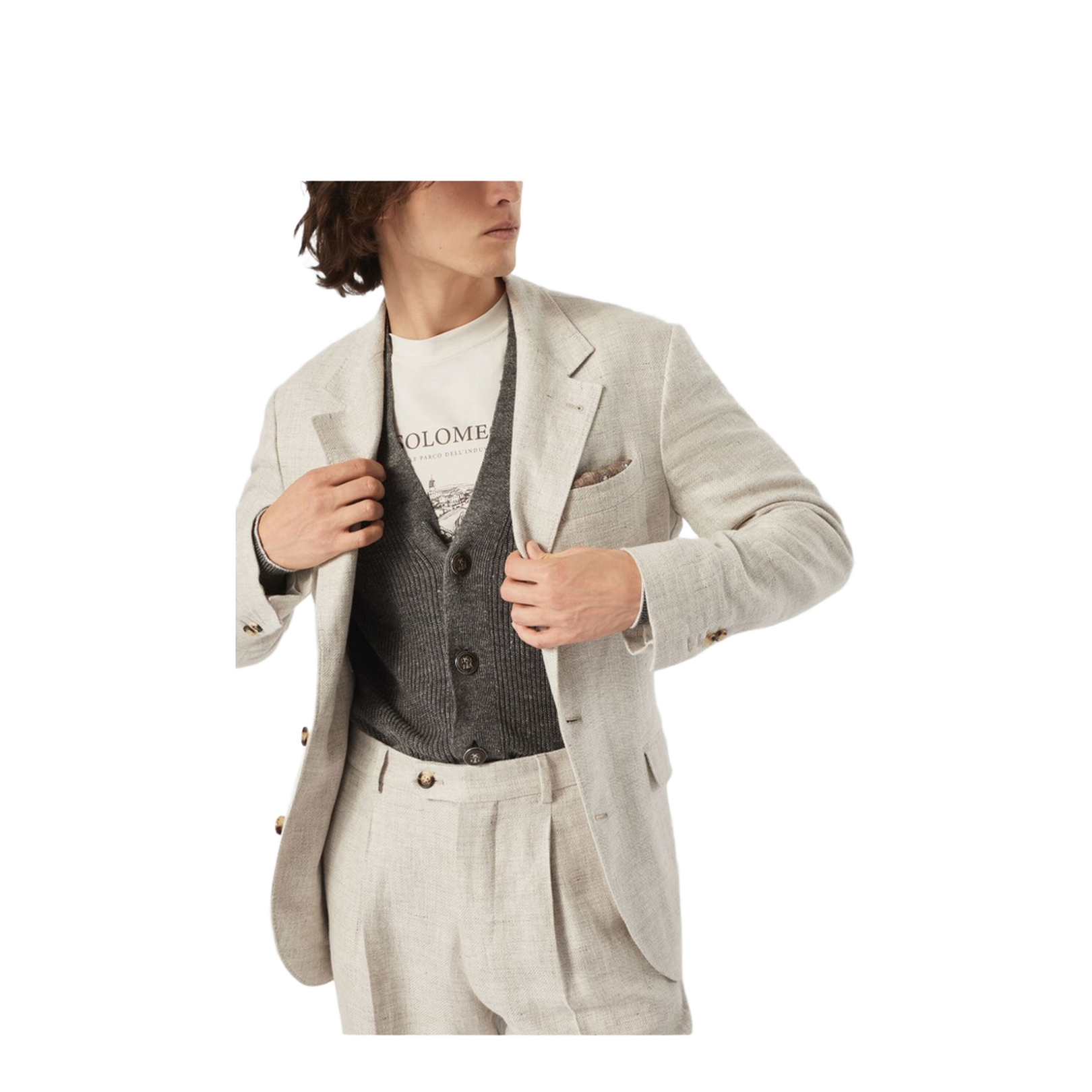 Linen and Cotton Half English Rib Cardigan with Metal Buttons