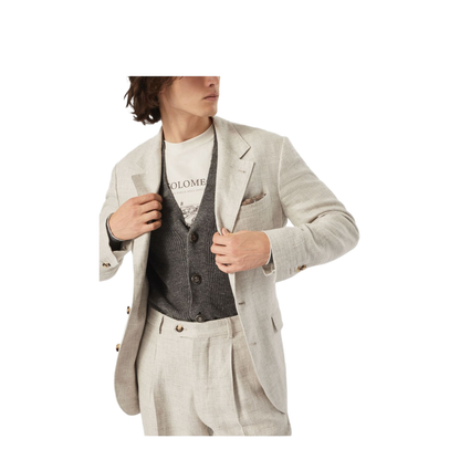 Linen and Cotton Half English Rib Cardigan with Metal Buttons