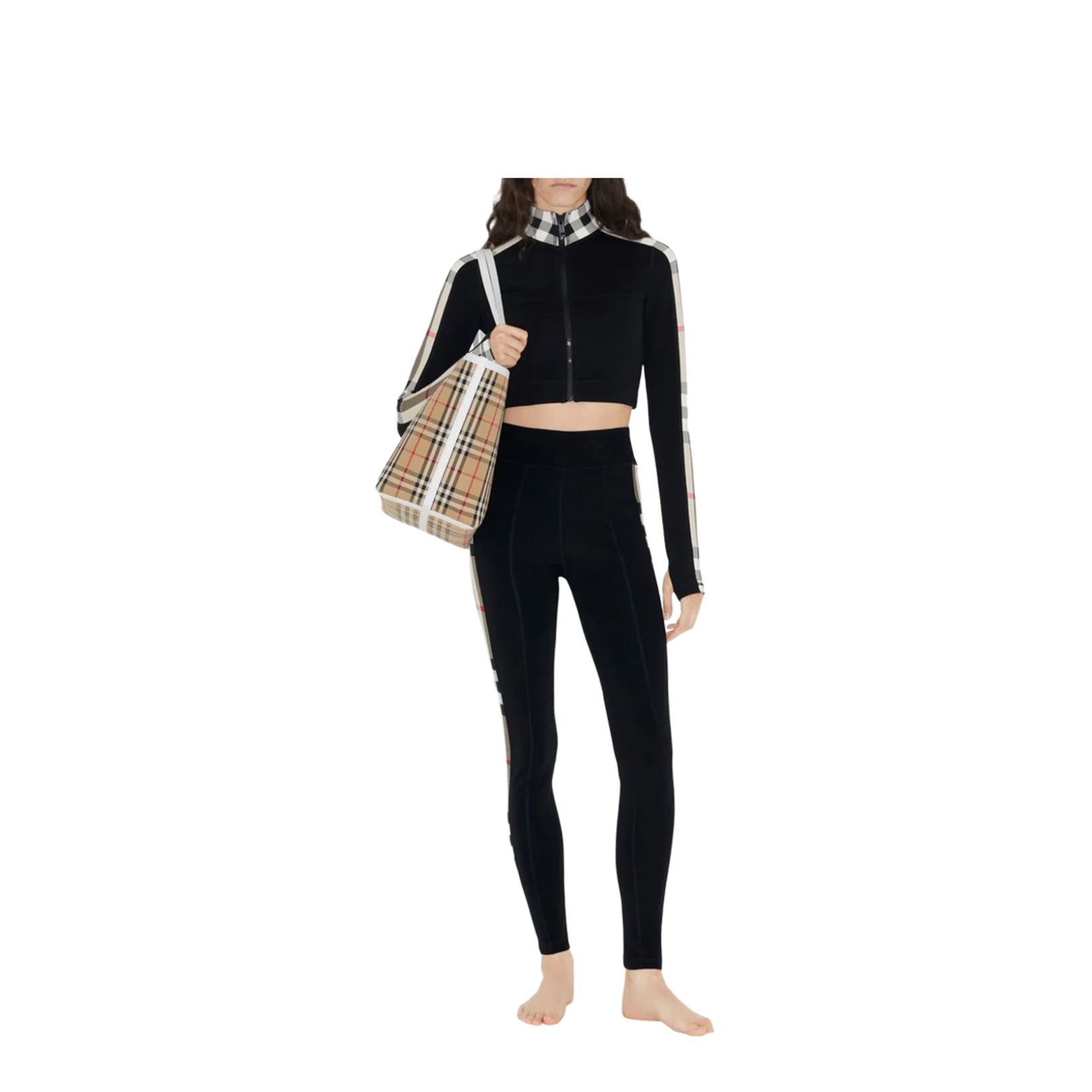 Cropped Check Trim Stretch Jersey Zip Top in Black