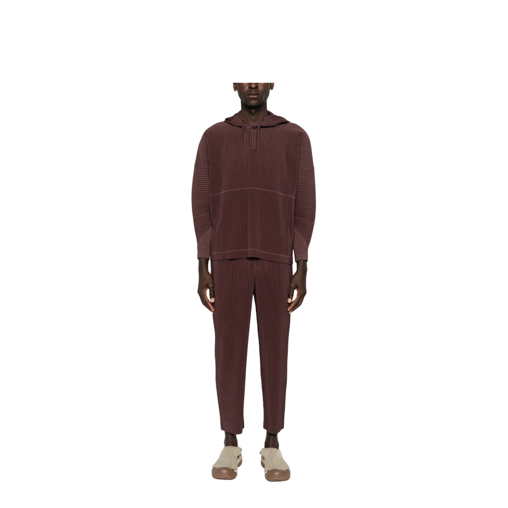 Brown Pleated Texture Hooded Long Sleeve Top