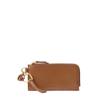 Card case with Double G charm in brown leather