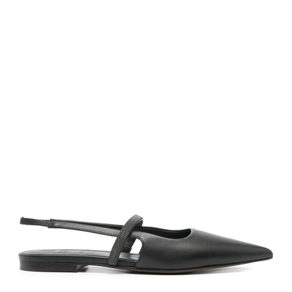 Black Calf Leather Pointed Toe Open Back Slingback Shoes