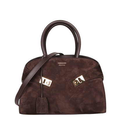 Hug Medium Calf Leather Top Handle Bag - Testa di Moro