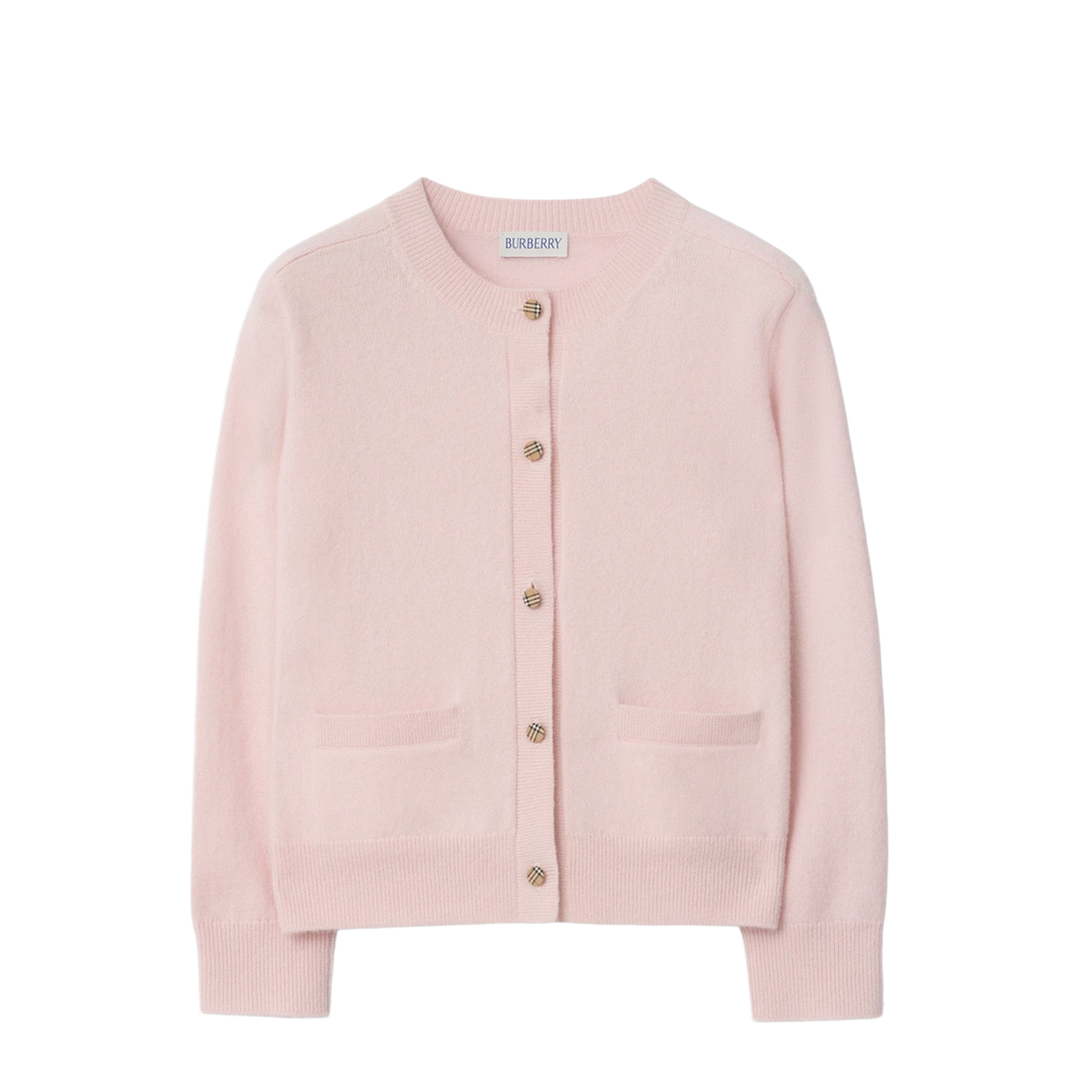 Pink Wool Blend Cardigan with Check Patches