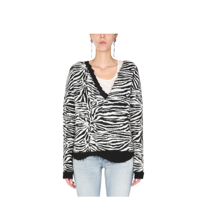 Black White Wool Mohair Blend Zebra-Pattern Ripped Jumper