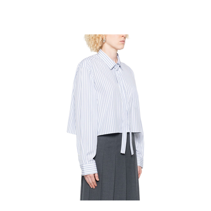 Striped Poplin Short Shirt with Scarf Collar