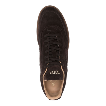 Brown Calf Suede Logo-Print Tongue Round Toe Front Lace-Up Fastening Flat Rubber Sole
