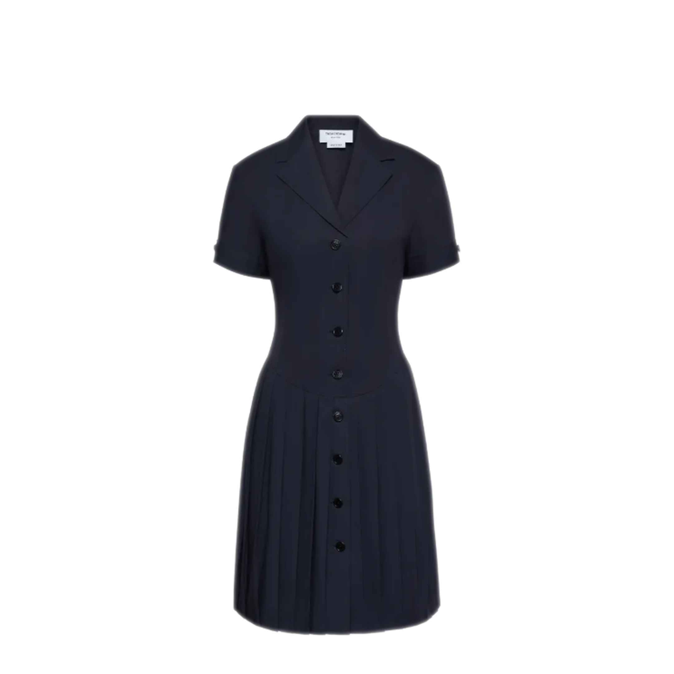MAYFEYR - Thom Browne - Bermuda Length Short Sleeve Lapel Collar Pleated Dress In Wrinkle Free Cotton Suiting - FDSF49UF1063415