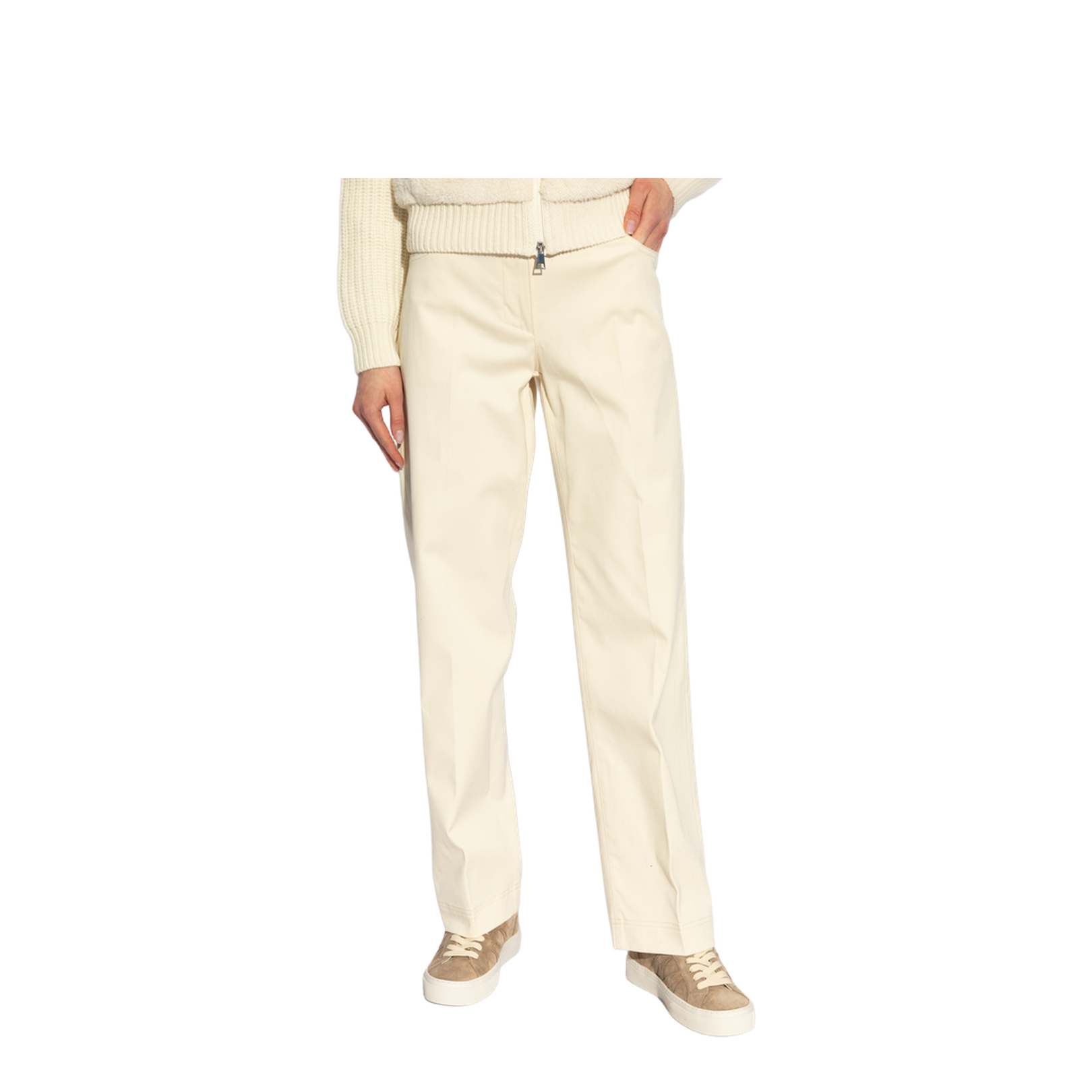 White Ivory Cotton Gabardine Straight Leg Trousers