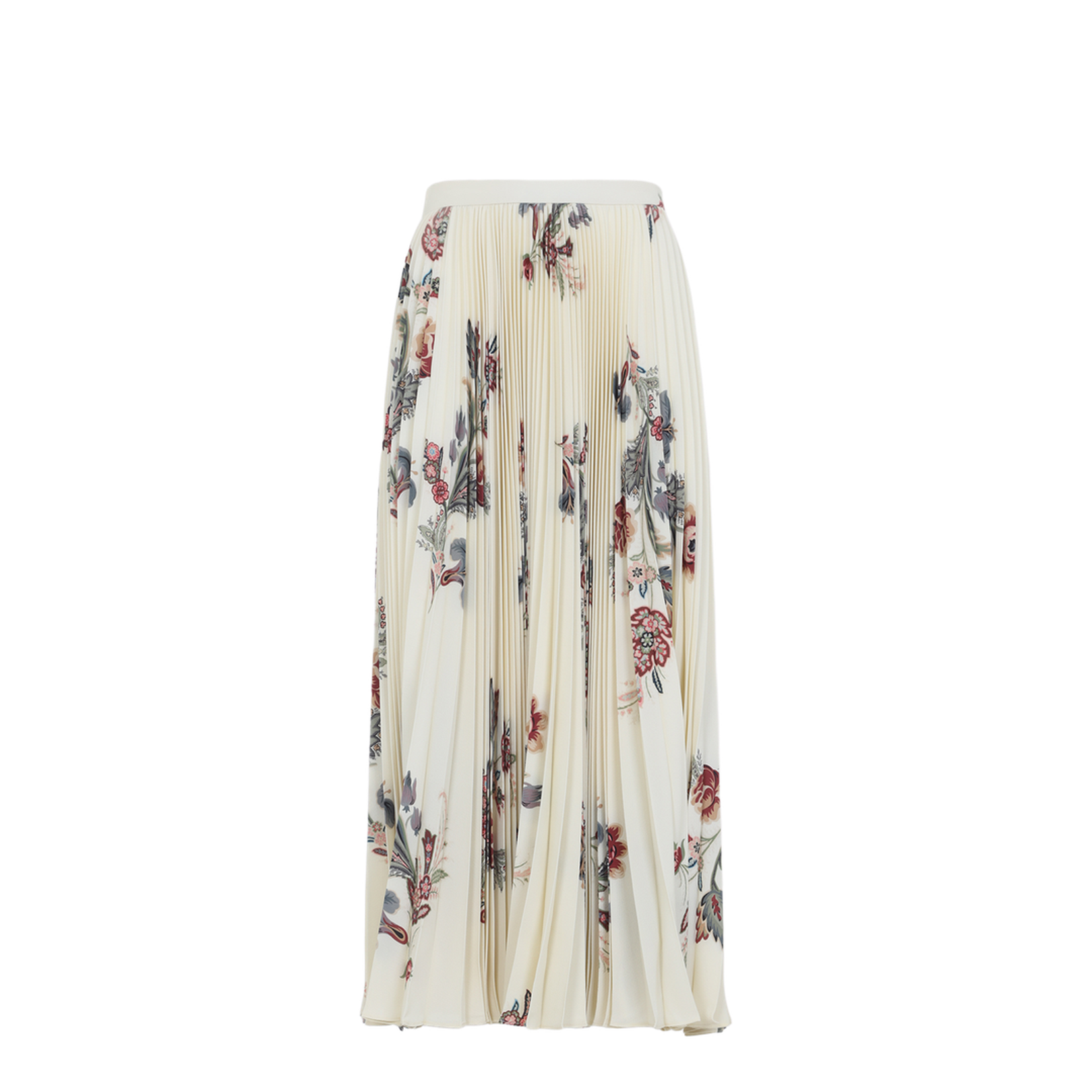 Beige Floral Print Sablé Pleated Midi Skirt